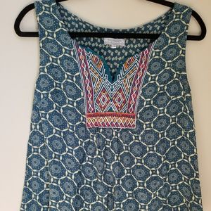 World Market Boho Top S/M Teal Orange Embroidery